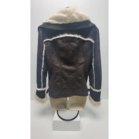 GUESS Jacket Full Zip Closure, Faux Leather & Fur, Size S Brown & White - Picture 2 of 3